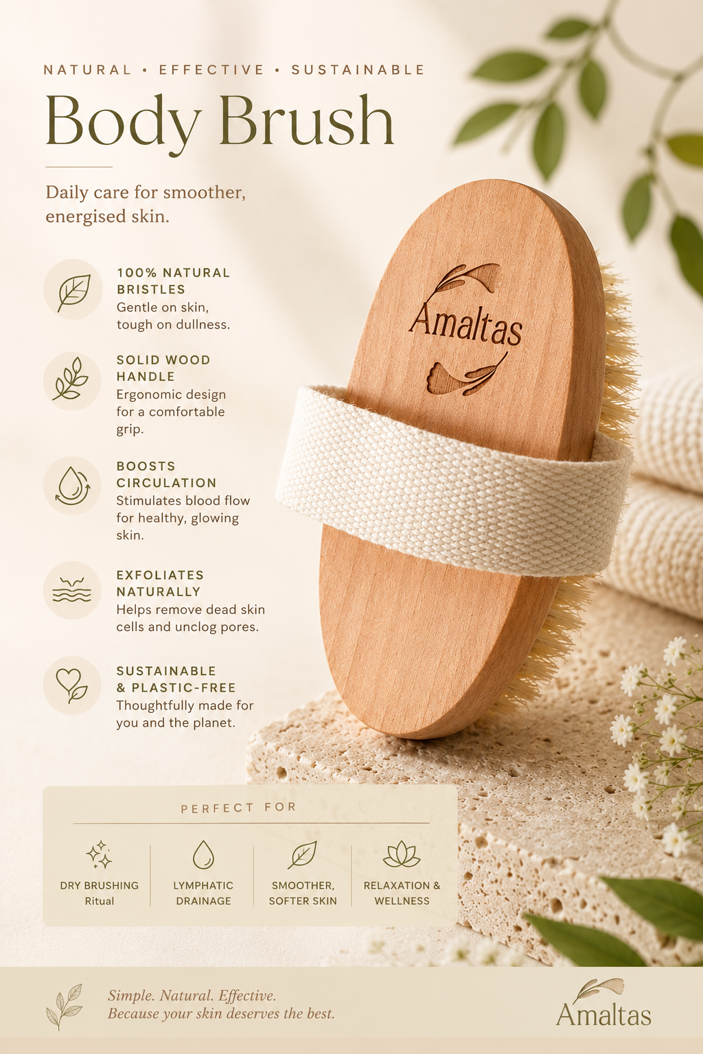 Amaltas Natural Dry Body Brush – Wooden Body Brush for Exfoliation & Lymphatic Drainage